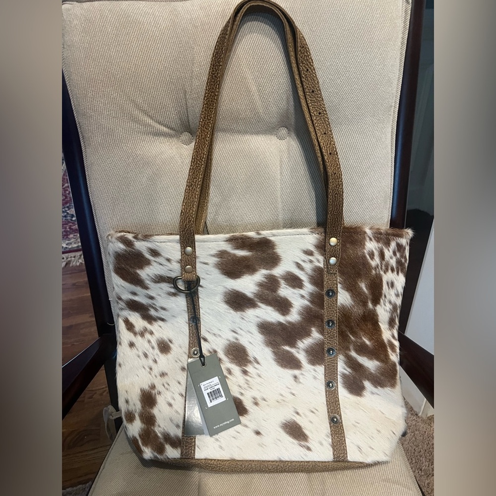 Brown and White Cowhide Tote Bag